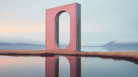 a large pink light tower reflecting in the water, showcasing a conceptual minimalist sculpture. the arched doorways and norwegian nature add depth to the composition. the polychrome sculpture stands out against the rectangular fields, capturing the essence of nature. the golden ratio enhances the visual appeal of this captivating image. ai generatedの素材