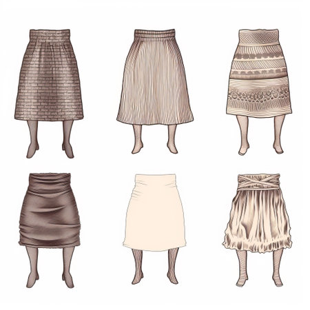 a fashion-illustration style photo featuring a skirt with various shapes, lengths, and cuts. the skirt is depicted in light beige and bronze, showcasing realistic human form. delicate pencil sketches with textured shading in light violet and dark beige add depth to the image. the overall aesthetic is enhanced by the inclusion of dark pink and beige elements. ai generatedの素材