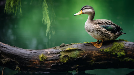 a duck perches gracefully on a branch, surrounded by the serene beauty of a river. this nature-inspired image captures the essence of the scene with its spectacular backdrops of dark teal and light green. the use of focus stacking enhances the details, while the atmospheric woodland imagery adds depth. this captivating photograph, with its nature-inspired camouflage, has earned the recognition of being a contest winner.の素材