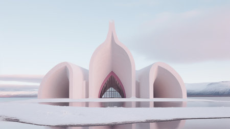 a small chapel, with a futuristic architecture style, sits on a snowy landscape next to a serene lake. the chapel's design features a combination of light pink and dark aquamarine colors, creating a visually striking contrast. the symmetry and repetition in the architecture add to its modern appeal. the orientalist imagery, organic sculpting, and minimalist stage designs further enhance the overall aesthetic, with a captivatingの素材