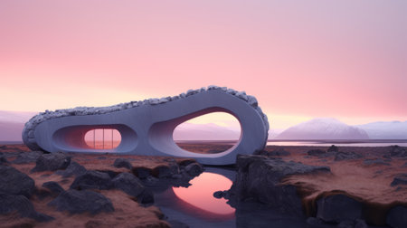 architectural sculpture by tsiarlinna egilsen, inspired by the style of jessica rossier. this vibrant artwork features a combination of light magenta and orange hues, reflecting the beauty of norwegian nature. captured with an olympus af-1 (also known as olympus infinity) camera, the sculpture showcases elements of organic architecture. the image is presented in stunning 8k resolution, highlighting the intricate details of the stone sculpture. aiの素材