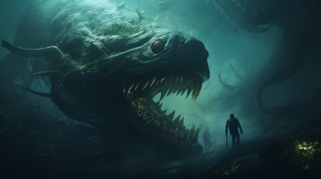 a man gazes at a mesmerizing underwater creature in this hyper-detailed, realistic rendering. the supernatural creature captivates with its jagged edges and ominous presence, creating a dragoncore aesthetic. the artist's attention to atmospheric effects enhances the realism, immersing viewers in a captivating underwater world. ai generatedの素材