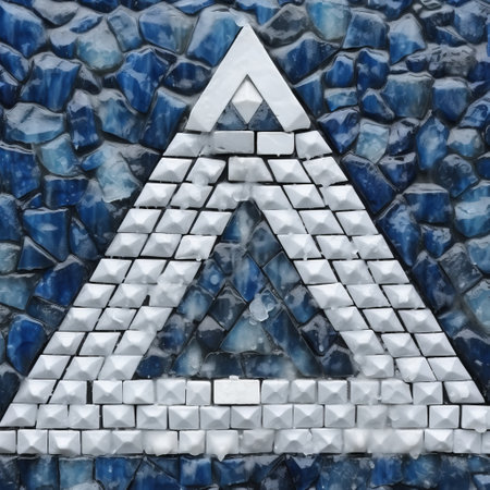 a glass triangle, created using blue and white stones, forms a mosaic graffiti design against a backdrop. the arrangement is symmetrical, showcasing a realistic depiction of light and aluminum materials. the artwork incorporates biblical iconography and is captured in high resolution, with piles and stacks of stones adding depth to the composition. ai generatedの素材