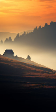 a landscape photograph featuring a cold and detached atmosphere with fog in the background. the cabincore aesthetic is enhanced by the dramatic use of shadows and the light bronze and orange tones. this swiss style image captures a captivating scene reminiscent of a national geographic photo. ai generatedの素材