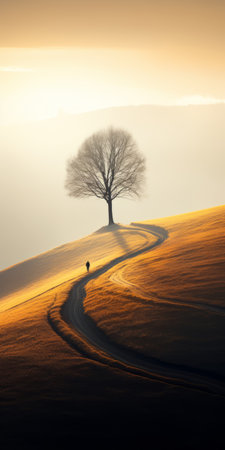 a solitary tree stands gracefully beside a winding road during a breathtaking sunset. this captivating photograph, reminiscent of the artistic styles of dimitry roulland, max rive, and elizabeth gadd, showcases organic shapes and curved lines. the warm hues of light brown and yellow create a mesmerizing interplay of light and shadow, evoking a sense of tranquility in the bucolic landscape. ai generatedの素材