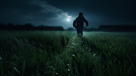 a man stands alone in a dark field, bathed in the ethereal glow of a full moon. this photorealistic landscape captures the essence of english countryside scenes, with its beautifully lit kid, indigo and green hues. created using cryengine, the image showcases a dramatic atmospheric perspective that earned it the title of contest winner. ai generatedの素材