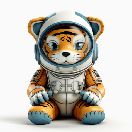 tiger astronaut in a vray-style spacesuit, sitting down. toy-like proportions and cute cartoonish designs reminiscent of toonami. the strong facial expression adds to the hyper-realistic sci-fi feel. this piece showcases the fusion of carved animal figures with futuristic elements. ai generatedの素材