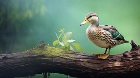 a duck perches gracefully on a log amidst the serene backdrop of green water. this nature-inspired image showcases a soft-focus portrait in light cyan and gray tones. with its clear and precise bird art, this contest-winning photograph is available under the creative commons attribution license. experience the beauty of this ultra hd masterpiece. ai generatedの素材