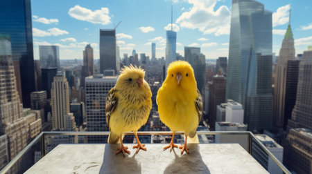 a group of yellow birds perched on a ledge in a new york city office. this photo captures the extremely gendered, cute and dreamy style of john wilhelm's photography, with a focus on raw versus finished elements and animal intensity. the contrast-focused composition adds depth to the image. ai generatedの素材