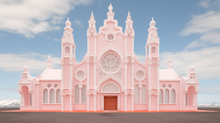 a pink fairy house is depicted in this 3d render, showcasing a baroque-inspired grandeur. this large-scale public art piece combines minimalistic symmetry with elements reminiscent of the quito school. the religious subjects are portrayed within ethereal urban scenes, creating a captivating and candycore aesthetic. ai generatedの素材