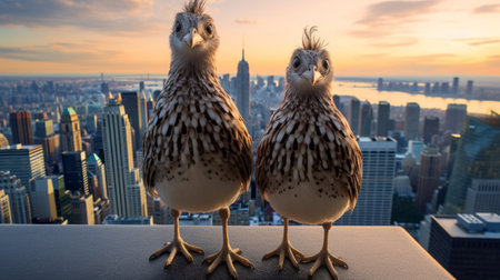 two birds perched on a balcony overlooking a bustling cityscape. this pop-culture-infused photo captures the vibrant energy of life in new york city. with its 8k resolution and bronzepunk aesthetic, the image showcases spiky mounds and punctuated caricature, created using photo-realistic techniques. ai generatedの素材