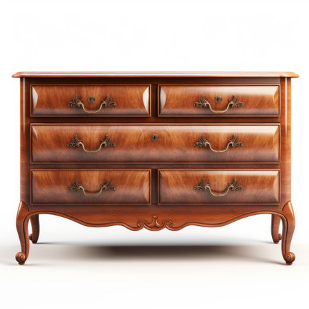a wooden dressing table with wood drawers, featuring a realistic hyper-detailed rendering in 32k uhd. this historically significant piece showcases a beautiful blend of brown and amber tones. the pseudo-realistic design highlights the polished finish, resulting in a visually appealing and elegant appearance. ai generatedの素材