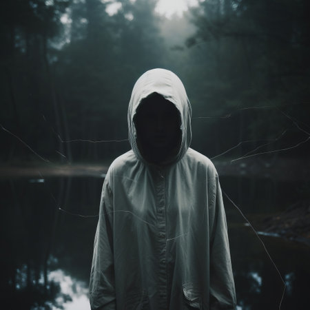 a woman in a white trenchcoat stands on a pond, creating an eerie symbolism with an ominous vibe. the dark, muted colors and overexposure effect enhance the atmospheric woodland imagery. the photo captures trapped emotions and depicts a sense of selective focus. ai generatedの素材