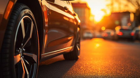 car parked on side of road at sunset, captured in a super close-up shot. this low angle photograph showcases the high level of detail and realism, thanks to the sony alpha a7 mark iv camera. the image is in 8k resolution, providing an immersive viewing experience. ai generatedの素材