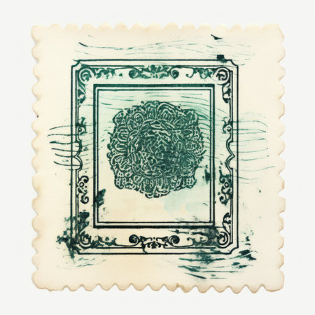 a green and yellow stamp featuring the word "starlaire" is showcased on a white paper. the stamp is designed in the style of renowned artists albert pinkham ryder, petros afshar, and winslow homer from the late 19th century. captured from an aerial view, the stamp's ornate design is enhanced by the use of kodak ektar film. ai generatedの素材