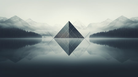 a geometric silhouetted forest tree stands tall on a serene lake, surrounded by majestic mountains. this minimal abstract artwork, inspired by mirrored realms and created by akos major, showcases layered imagery with subtle irony. the architectonic composition, combined with digital art techniques, creates a luxurious geometry that captivates the viewer. ai generatedの素材