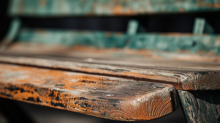 wood bench seat surface with a cross-processed style, showcasing a blend of light teal and dark orange hues. captured using a nikon d850, this photo highlights the mastery of metalworking and the beauty of eroded interiors. the color palette features a combination of light gray and dark bronze, adding to the rustic realism of the image. ai generatedの素材