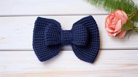 a navy hair bow, crocheted fflg03, in the style of dark azure. this cute and colorful accessory showcases detailed craftsmanship with its soft-edged design. combining natural and man-made elements, it features a detailed texture that adds a touch of uniqueness to any hairstyle. ai generatedの素材