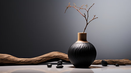 a black vase sits atop branches, showcasing traditional techniques reimagined. the vase, in dark gray and light brown, embodies a zen minimalism aesthetic. this uhd image captures the smooth surface of the vase, which is made from common materials. surrounding the vase are colorful woodcarvings, adding a touch of vibrancy to the scene. ai generatedの素材