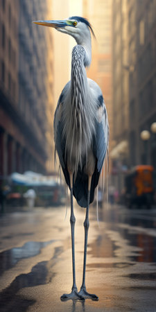 a gray bird stands in the city, showcasing a surreal animal hybrid in this candid shot reminiscent of national geographic photography. the indigo and beige tones blend seamlessly with the vibrant colors of the street scene, creating an unreal engine 5 effect. this captivating image also utilizes focus stacking techniques to enhance its visual impact. ai generatedの素材