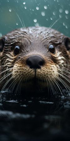 a sea otter, captured in a close-up style, is seen in a dark environment with raindrops on its face. this 8k resolution photograph, reminiscent of national geographic's stunning imagery, showcases the otter's dynamic and exaggerated facial expressions. its shiny eyes stand out against the dark beige and turquoise backdrop, creating a characterful animal portrait. ai generatedの素材