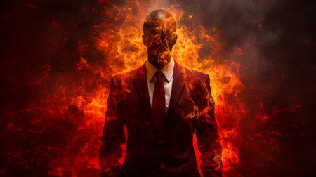 a businessman with his face engulfed in flames is depicted in this hd wallpaper. the digitally enhanced, surreal style of the image creates a metaphorical scene. the dominant colors of red and maroon add to the emotive impact of the picture. the businessman's body language conveys intense emotions, while the supernatural realism of the burning face adds a touch of intrigue. the subtle details ofの素材