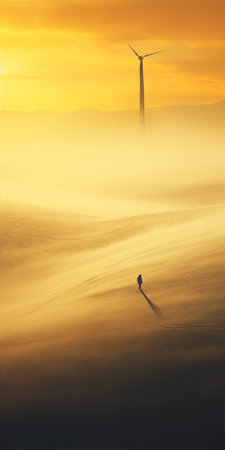 a person gracefully crosses a field in this captivating photograph. the image showcases layered and atmospheric landscapes, with golden hues adding a touch of warmth. the abstract minimalism of the composition creates an ethereal and industrial feel. captured with a nikon d850, this uhd image is a true masterpiece of industrial photography. ai generatedの素材