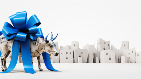 a giraffe adorned with a blue ribbon stands tall in a photorealistic cityscape, created using cinema4d. this avant-garde ceramic sculpture combines elements of superheroes, silver, and azure. a celebration of rural life, the giraffe is showcased against a clean white background. ai generatedの素材