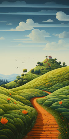 a photo of a vibrant red road cutting through a lush green field, surrounded by majestic oak trees and colorful flowers. the scene is reminiscent of architectural illustrations, with layered organic forms and mountainous vistas. it also incorporates elements of bay area figurative art, featuring detailed character illustrations. the image exudes a cabincore aesthetic, enhanced by intricate shading. ai generatedの素材