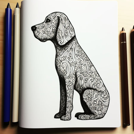 a dog with a unique design on its head sits next to pencils, showcasing intricate patterns and clean, sharp inking. the design is reminiscent of stencil-based art, featuring tangled forms and smooth, shiny details. the image captures the blend of digital and manual techniques, resulting in a visually striking and dappled effect. ai generatedの素材