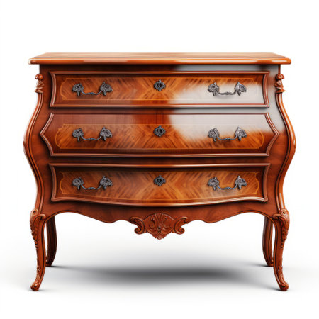 a photo of traditional american and french chest of drawers with ornate detail, showcasing a refined simplicity in the style of light brown and dark amber. the natural lighting highlights the elegant and emotive faces of the drawers, evoking a sense of retro charm from the victorian era. the layered translucency adds to the overall appeal of this piece. ai generatedの素材