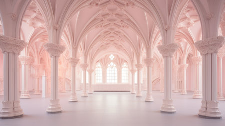 a pink and white flooded chapel exudes an ethereal and dreamlike atmosphere. the renaissance-inspired draftsman skillfully captures the luxurious opulence of the scene. with ray tracing techniques, the monochromatic symmetry is enhanced, creating soft and dreamy depictions reminiscent of german romanticism. ai generatedの素材