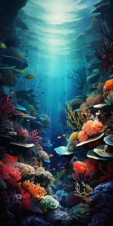underwater ocean fishery landscape featuring a stunning 3d illustration in the style of josephine wall. the artwork showcases a mesmerizing combination of dark turquoise and light red colors, with highly detailed foliage and a realistic portrayal of light and shadow. the flat illustrations are simple yet vibrant, reminiscent of the colorful works of albert bierstadt. ai generatedの素材