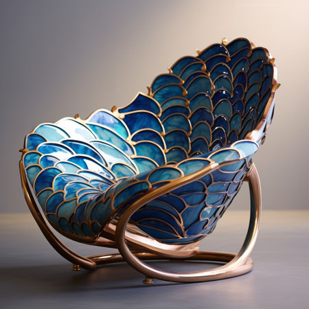 the chair for the dental office in chicago is designed with a seamless pattern of seigaiha, an alcohol ink texture, predominantly in blue and gold. this chair incorporates education in its design, making it a perfect addition for guests. ai generatedの素材