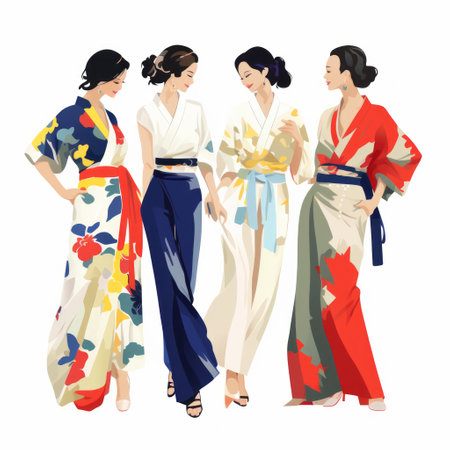 three japanese women dressed in elegant clothing are depicted in this digital painting. the colorful compositions showcase classic elegance, with the figures isolated against a white and indigo background. the illustration features a harmonious blend of light yellow and red, adding vibrancy to the overall aesthetic. ai generatedの素材