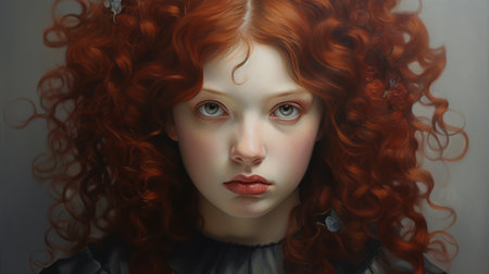 a painting featuring a girl with vibrant red curly hair, executed in the meticulous realism style. this artwork draws inspiration from dark fairy tales, showcasing blink-and-you-miss-it detail and serene faces. the painting captures the essence of child-like innocence with hyper-realistic details and trompe-l'oeil illusionistic techniques. ai generatedの素材