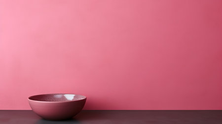 a bowl on a pink wall, featuring a matte photo style with monochromatic depth and textured backgrounds. the image showcases subtle chromatism, with shades of dark crimson and pink. ai generatedの素材