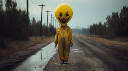a character walks down a country lane, holding a yellow balloon tied to a rope. this photo captures the essence of industrial horror and smilecore, with a strong emphasis on emotion. the cartoon-like characters, detailed costumes, and the influence of john wilhelm's style are evident in this flickr image. ai generatedの素材