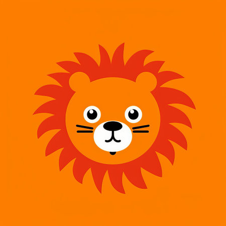 a cartoon lion head is depicted on an orange background in this image. the illustration style is reminiscent of childlike and colorful designs, resembling bold posters and simple stenciled iconography. the image evokes the charm of children's book illustrations and features a flat, simplistic design. ai generatedの素材