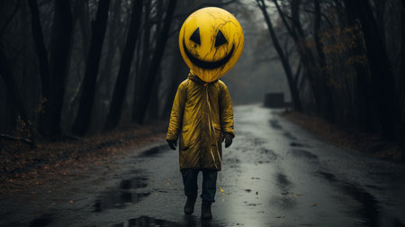 a person wearing a yellow smiley face helmet walks down a road, surrounded by a dark and spooky atmosphere. the photo captures the unique style of manapunk, soggy, lit kid, primitivist, and detailed costumes. these captivating documentary photos showcase the intriguing world of this individual and their unconventional fashion choices. ai generatedの素材