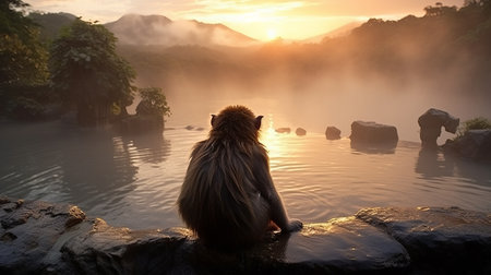monkey overlooking a majestic mountain at sunset in this hyper-realistic water-inspired stock photo. the sensory experience is enhanced by the mist surrounding the japanese-inspired imagery. this high-quality photo captures the essence of romantic figurative works, creating a reverent and tranquil atmosphere. ai generatedの素材