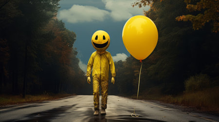 a happy clown, in the style of post-apocalyptic futurism, stands in a rainy road, holding a yellow balloon. the monochromatic color schemes and trapped emotions depicted add a unique touch to the image. the clown, made of rubber, exudes a sense of joy and playfulness. this captivating photograph captures the essence of smilecore, reminiscent of the works of chad knight and mikko lagerstedt. ai generatedの素材