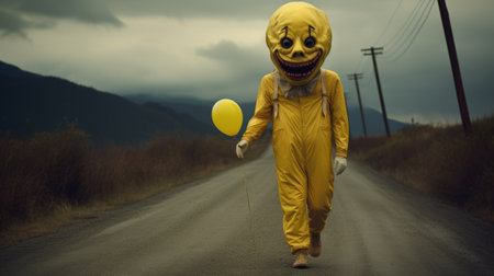 a yellow dyneem clown walks down a dark, post-processed road with a balloon at the end. the horror-style image features a rubber-made clown with shiny eyes, lit kid, and a color palette of dark yellow and gray. ai generatedの素材