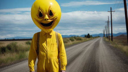 a man wearing an emoticon mask walks down a country road, showcasing a dark yellow, disturbingly whimsical style. this unique image combines elements of lit kid, pop culture mashup, smilecore, psychological horror, and detailed costumes. ai generatedの素材