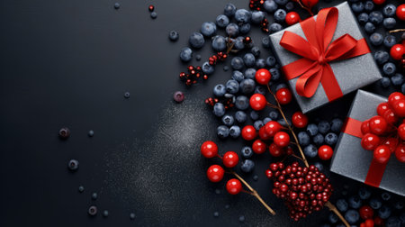 wrapped presents sit atop a vibrant display of fruits and berries, adorned with a ribbon, against a sleek black background. this visually striking image captures the essence of indigo and crimson, with elements of ildiko neer's molecular art style. the minimalist, dotted pattern adds a touch of elegance to the dark gray and silver tones, resulting in a high-definition visual feast. ai generatedの素材