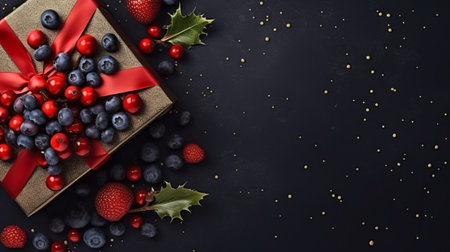 christmas gift wrapped with colorful berries and a red ribbon on a black background. the photo showcases a minimalist style with dark indigo and dark gold tones. the elaborate fruit arrangements add texture to the canvas. this high-resolution image is available under a creative commons attribution license and features a dark beige and purple color scheme. perfect for 32k uhd displays. ai generatedの素材