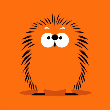 an orange hedgehog with a distinctive character design is depicted in this minimalist stroke style photo. the hedgehog's spiky mounds and flickr-like appearance make it stand out. the background features someone being observed by the hedgehog. the caricature faces, made of feathers, add an accurate and detailed touch to the overall composition. ai generatedの素材