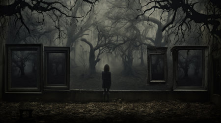 a woman in trance gazes through an open window into an eerie, ancient forest. this captivating image captures the essence of dreamlike installations, with its framing, monochromatic tones, and conceptual art elements. the haunting landscape-focused composition evokes gothic references and horror academia, making it a mesmerizing piece of art. ai generatedの素材