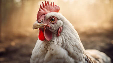 a chicken with a full snout gazes into the foreground in this high-quality stock photo. the image showcases a solarization effect, adding a unique artistic touch. with a white and gold color scheme, the photo tells a narrative-driven visual story. the chicken's relatable personality shines through, enhanced by the silver and red elements. ai generatedの素材