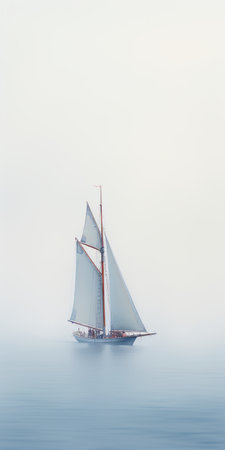 a sailboat gracefully glides through the water, embodying the ethereal minimalism style. the serene image showcases a light sky-blue and gray color palette, reminiscent of soft-focus portraits. inspired by dutch tradition and captured on agfa vista film, this photograph captures the essence of the san francisco renaissance, enveloped in a gentle mist. ai generatedの素材